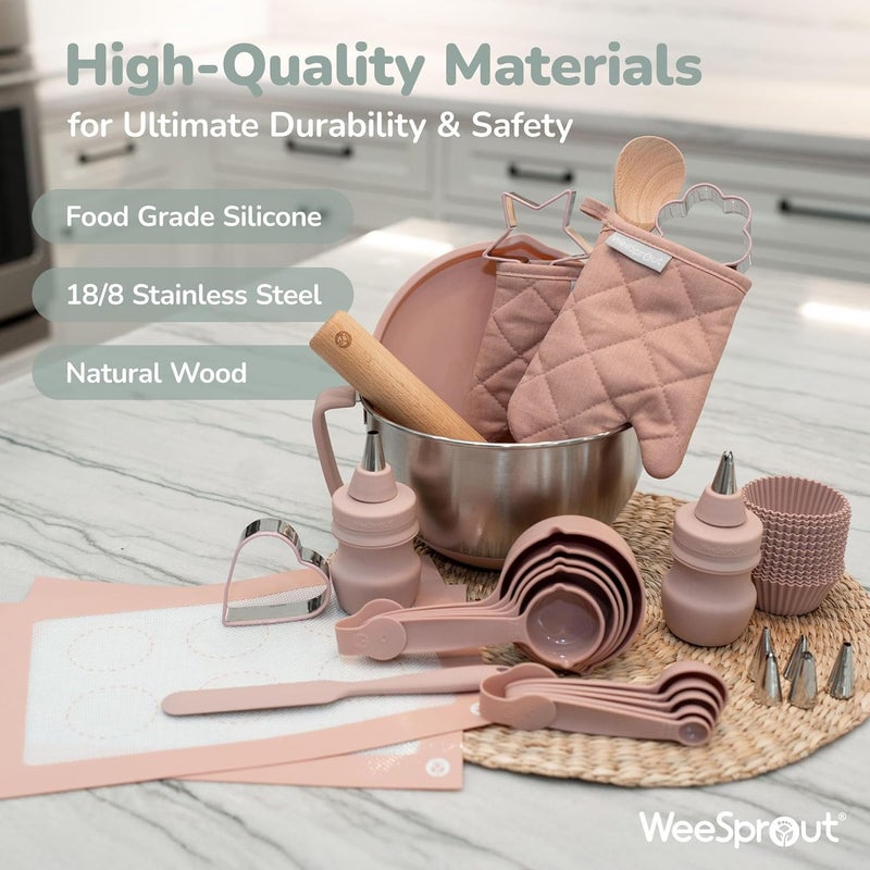 WeeSprout Ultimate Baking Kit for Kids - Kids Baking Set with Child Sized Utensils - Includes Apron, Oven Mitts, Silicone Mats & Liners - Perfect Cooking Set for Ages 6-12 - Gift for Children Green - Image 3
